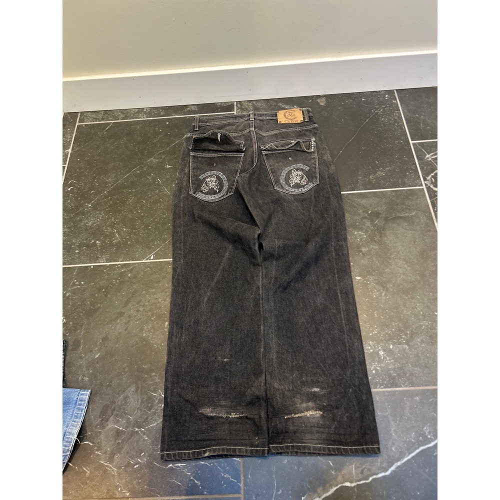 Cezer Mens Baggy Wide Leg Jeans Black Y2K Streetwear Embroidered Lion 34x34